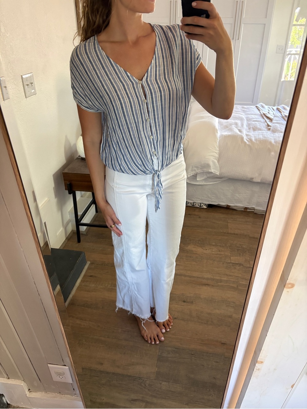 Universal Thread Blue and White Striped Button-Front Top
